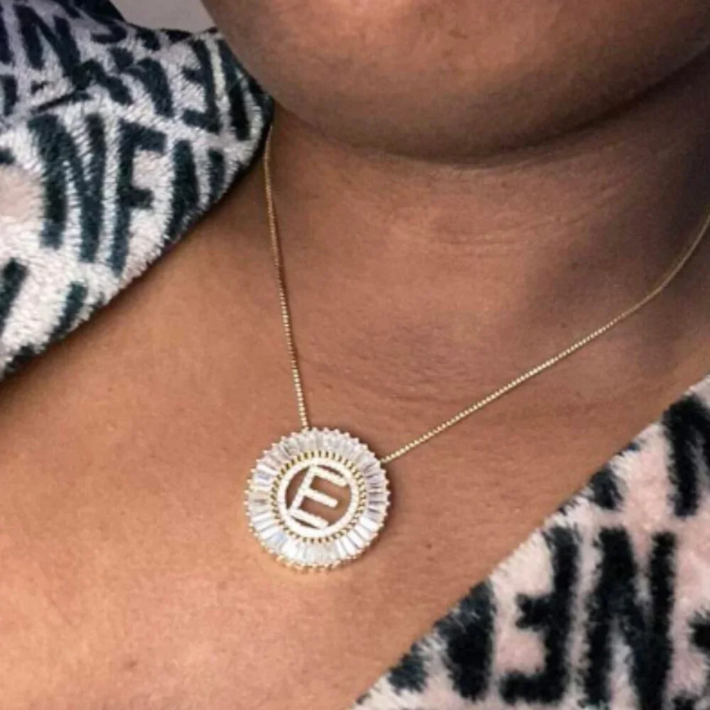 Yellow Gold Women's Large Letter Detail Cubic Zirconia Round Charm Necklace_5